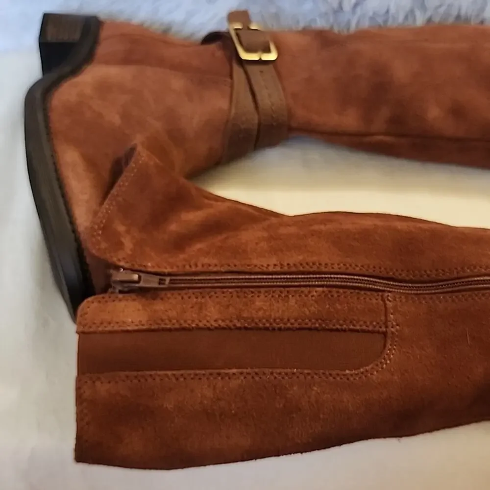 CLARKS NWOB MAYE SHINE BROWN LEATHER SUEDE BOOTS WITH BUCKLE ZIPPERS SIZE 7